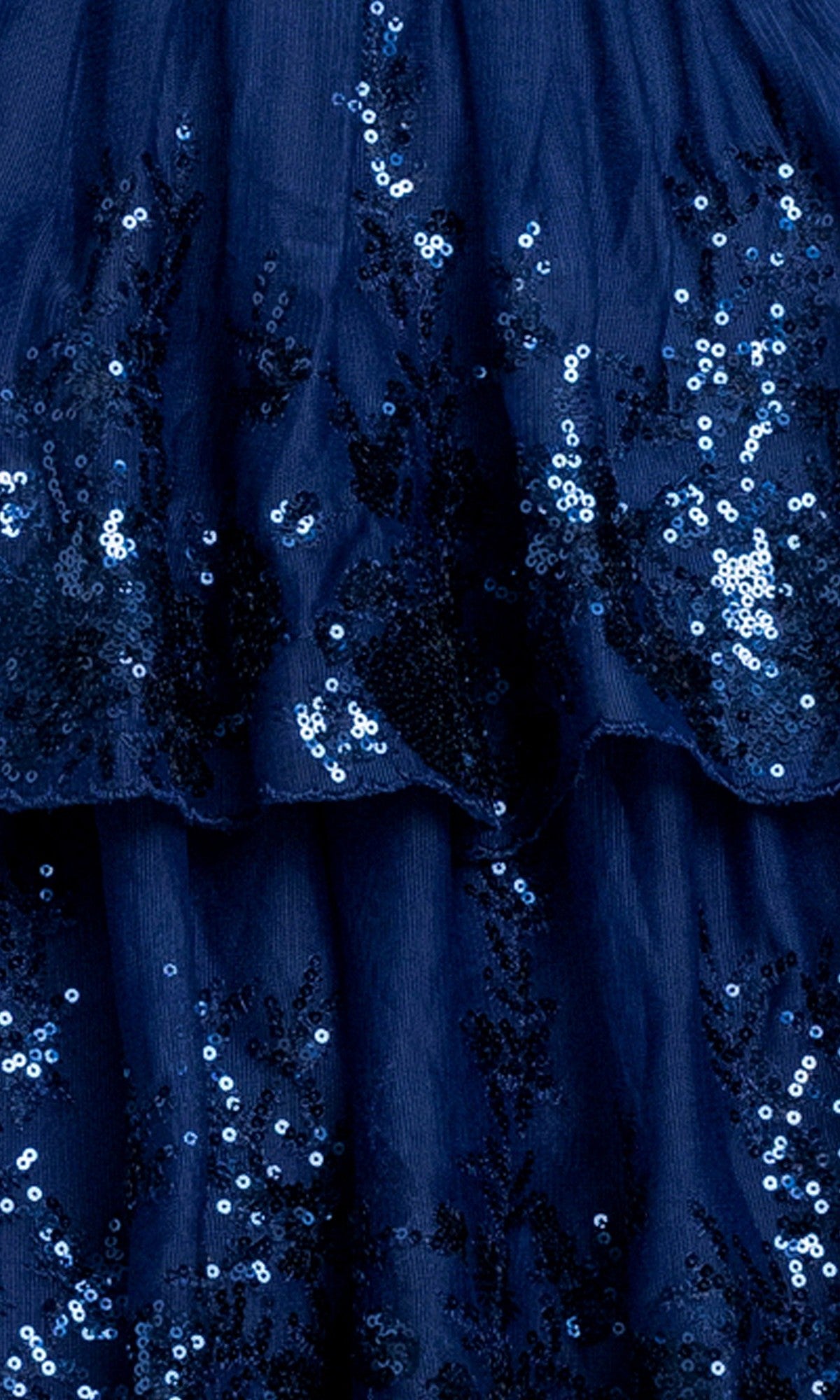 Close-up of dark blue fabric with layered ruffles and shiny sequined floral patterns—exquisite detailing on the Periwinkle Short Prom Dress: Blondie Nites 5702BN, ideal for a dazzling, elegant look.